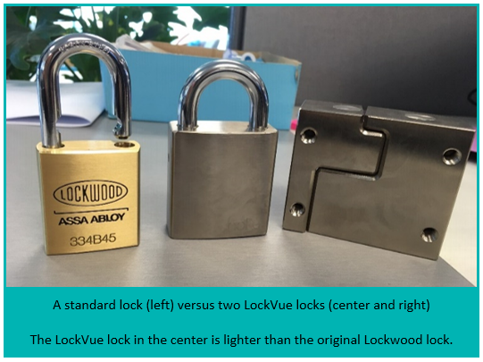 A standard lock (left) versus two LockVue locks (center and right). The LockVue lock in the center is lighter than the original Lockwood lock.